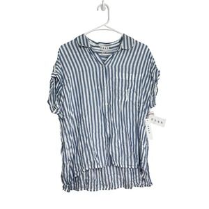 Dash Women Blue White Striped Button Down Blouse Shirt Collar Large NWT